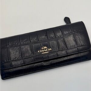 Coach Navy Blue Croc-Embossed Continental Wallet with Gold Logo